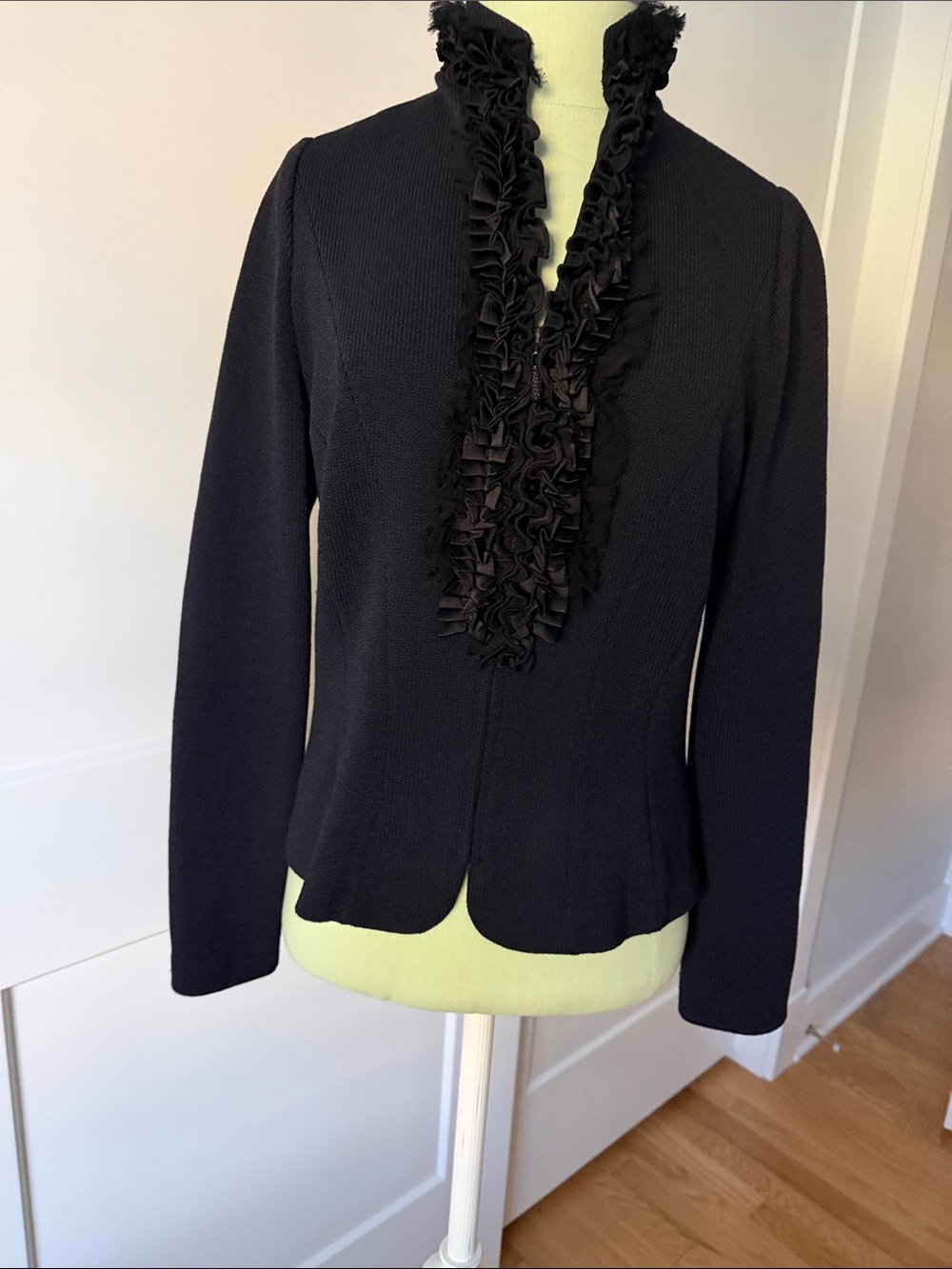 St. John Black Ruffled V-Neck Knit Blazer